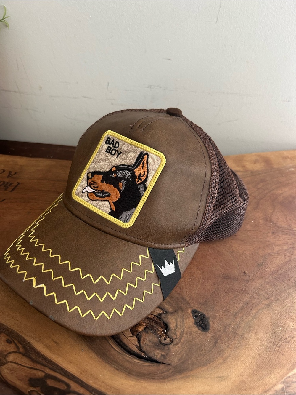 Goorin Bros. "Bad Boy" Brown Leather trucker Meshback cap Rottweiler dog
